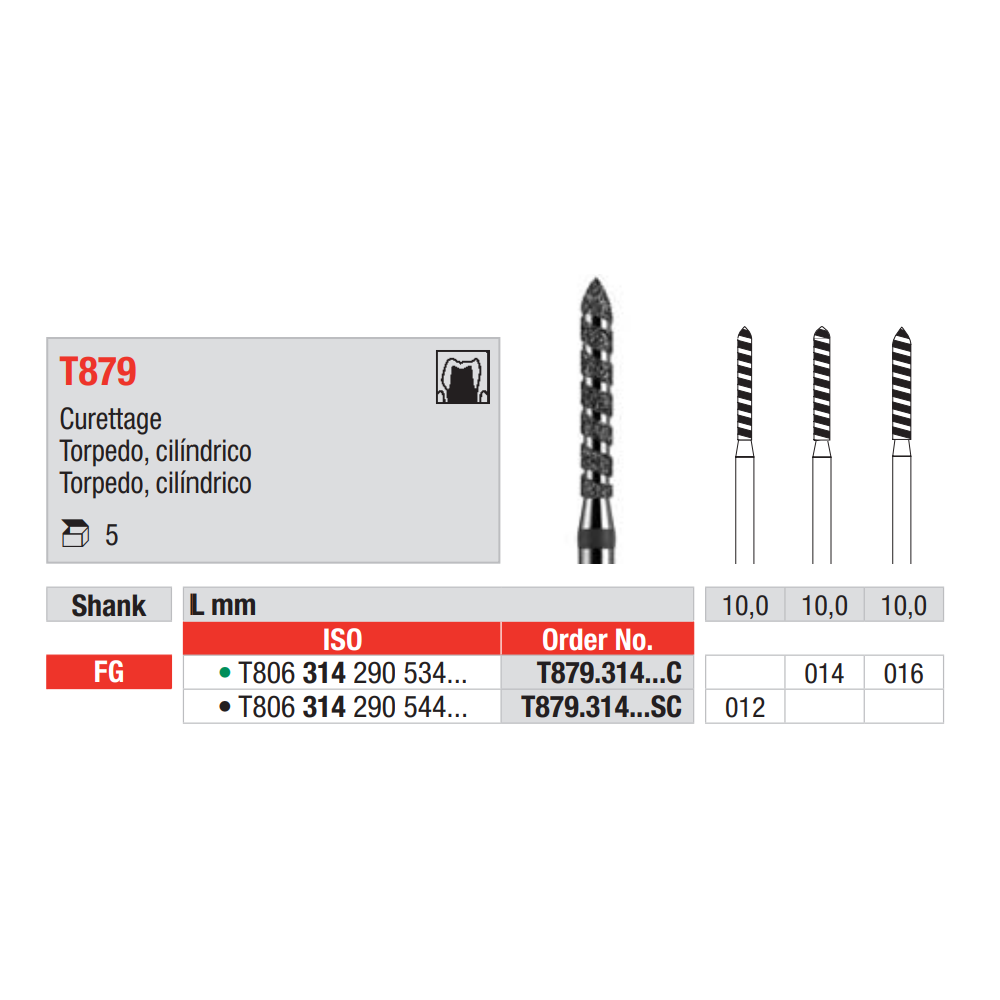 Torpedo Cilindrico T879 Fresas Dentales Turbo-Serie Oro Especial Tallado 5 Unidades para Clínicas Dentales