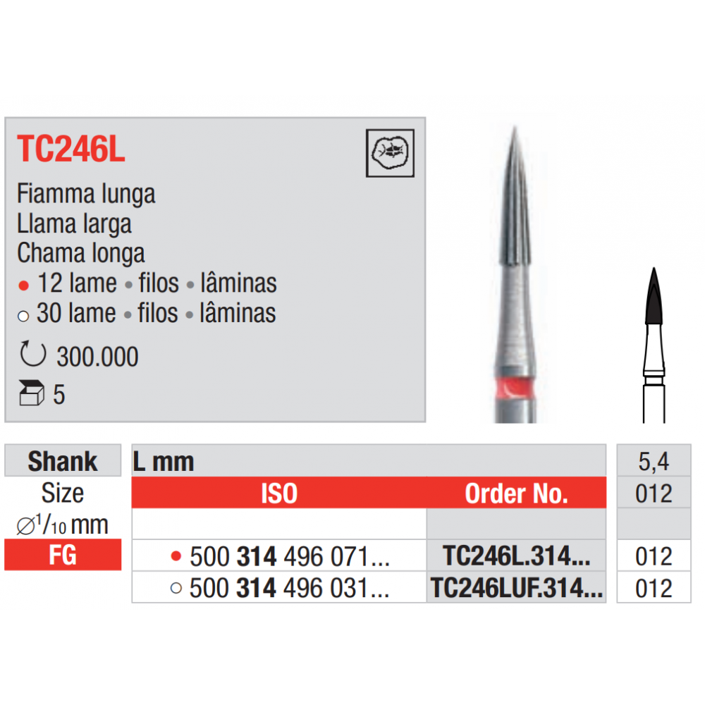 Llama Larga TC246L, Fresas Dentales Acabado Multiláminas,  Ortodoncia 5 Unidades