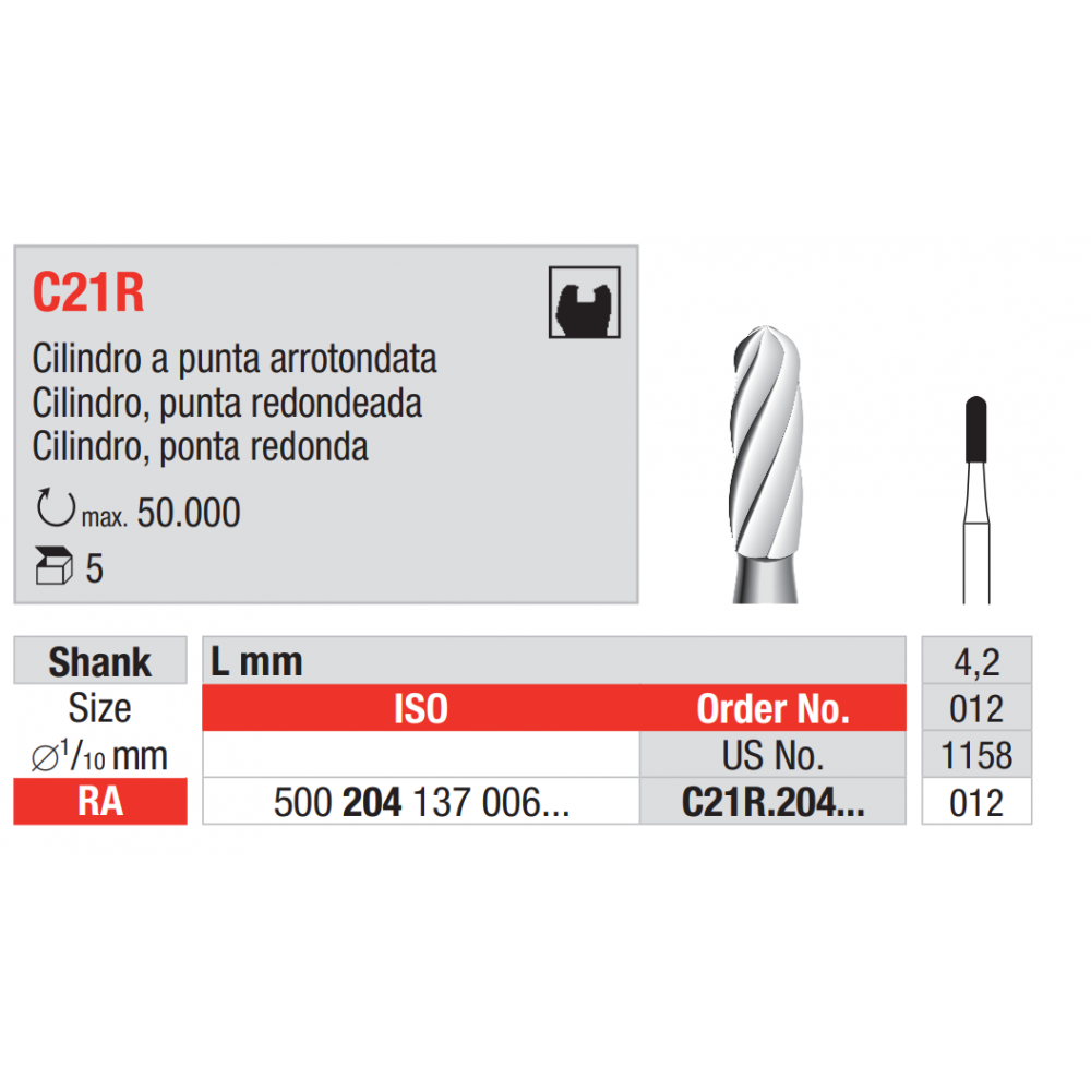 Redonda Cilindro punta Redondeada C21R, Fresas Dentaless Dentales Dentales para Carburo de Tungsteno 5 Unidades